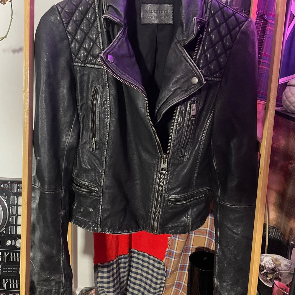All Saints Quilted Black Leather Jacket